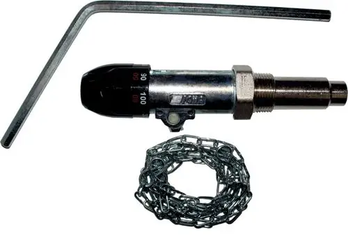 Regler von Wolf mit einem Metallgehäuse, einem verstellbaren Anschluss und einem dazugehörigen Schlüssel. Eine Kette ist ebenfalls im Lieferumfang enthalten.